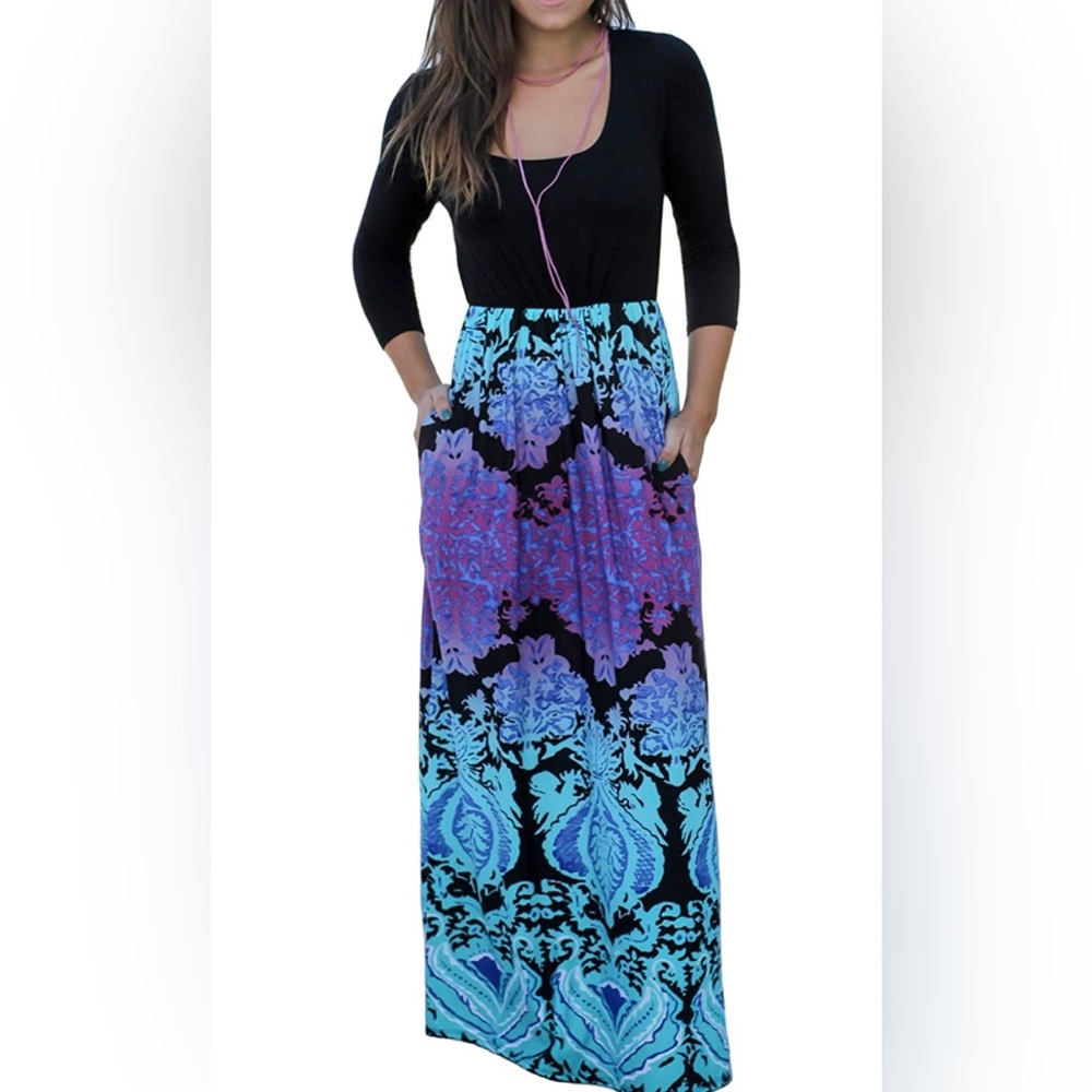 Women’s 3/4 Sleeve Floral Printed High Waist Pocket Maxi Dress 2XL (16)